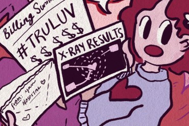 A hand drawn cartoon of a person sitting amongst heart-shaped pillows. They've opened a letter from a hospital, which includes an upcoded bill for "#truluv" and an X-ray showing a heart that isn't full.