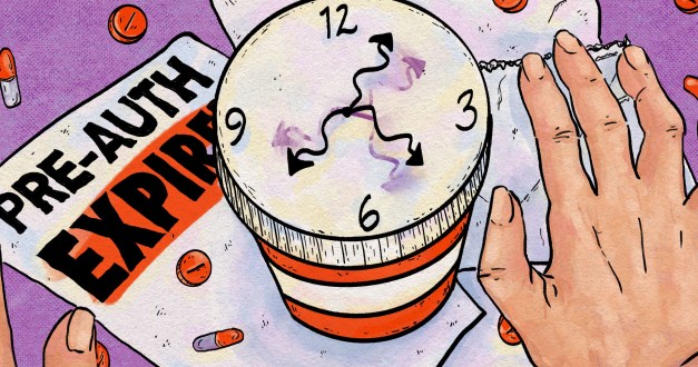 A hand-drawn illustration of a top-down perspective of a cartoon-ish pill bottle. The cap of the bottle shows a clock with dizzying hands. The bottle is on top of loose papers, one of which says, "pre-auth expired."