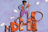 A hand-drawn illustration of a young man wearing athletic gear running up stairs that spell out "HDHP" out of medical objects, letters, cell phones, and other items relevant to High-Deductible Health Plans.
